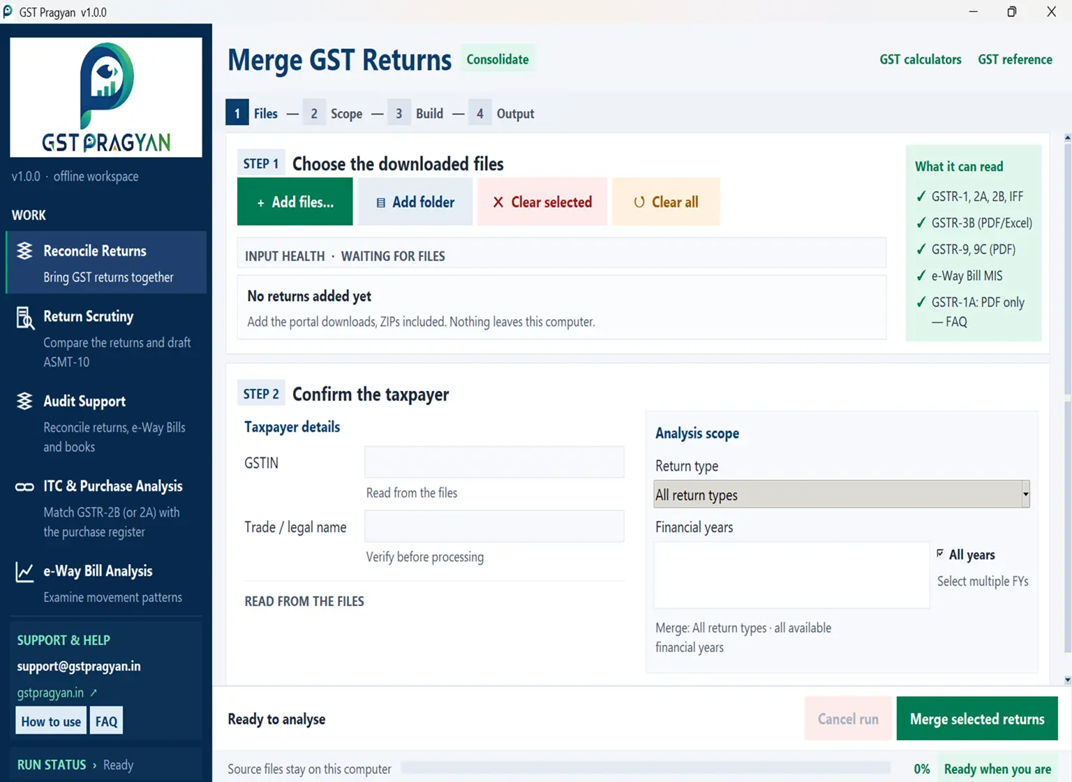 GST Pragyan desktop application showing the Merge GST Returns workspace